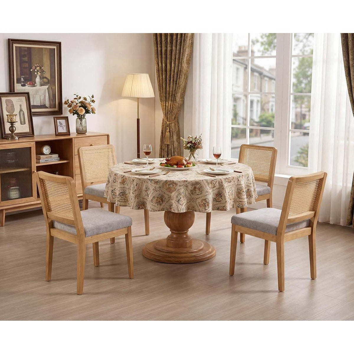 Esszimmerstühle Set 2 Grau Chenille Rattan Holz Retro