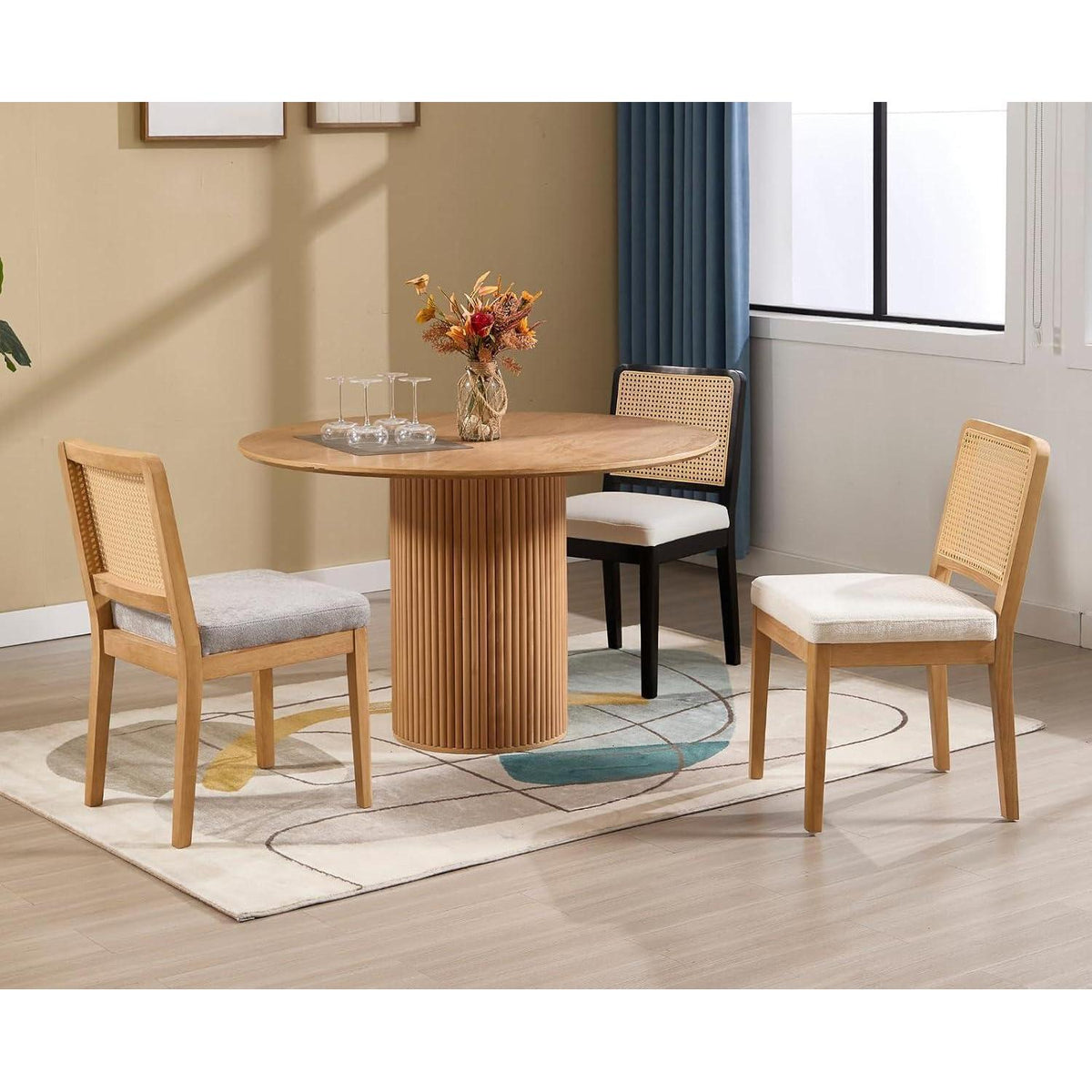 Esszimmerstühle Set 2 Grau Chenille Rattan Holz Retro
