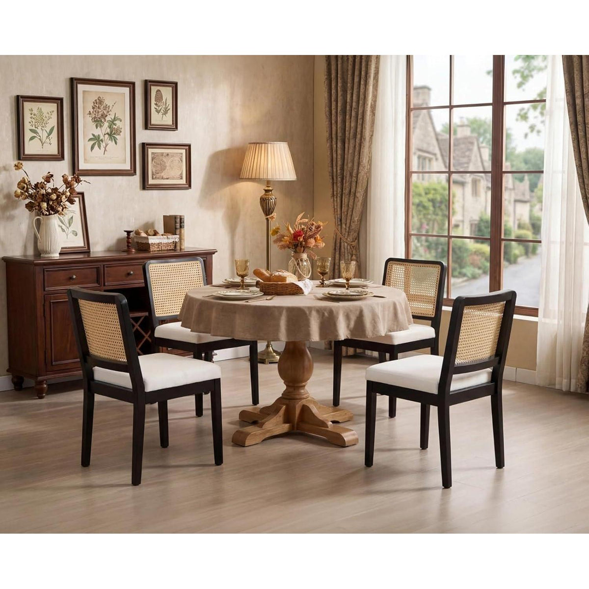 Esszimmerstühle 4er Set Leinen Rattan Retro Holz Schwarz