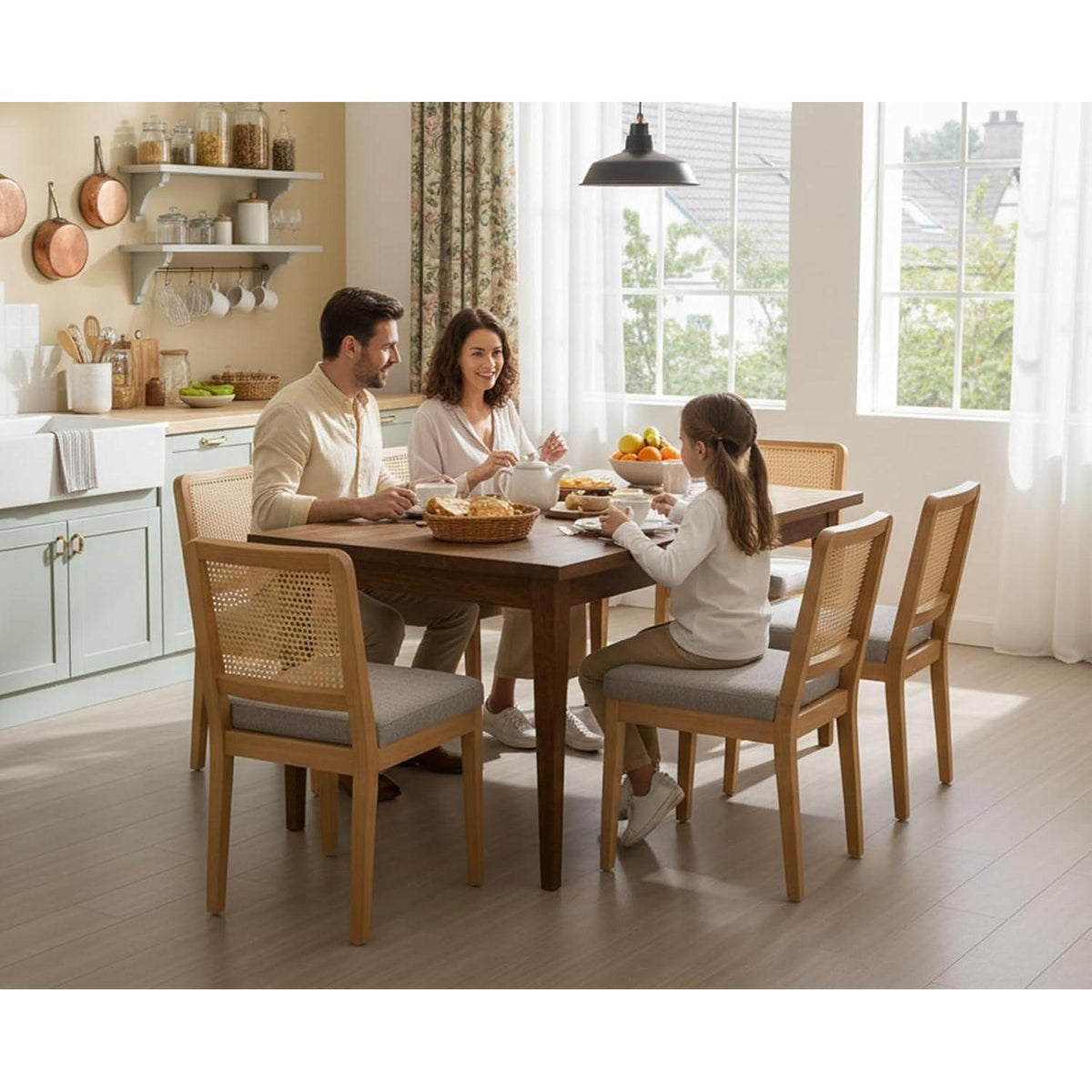 Esszimmerstühle Set 4 – Grau, Chenille & Rattan Retro Stil