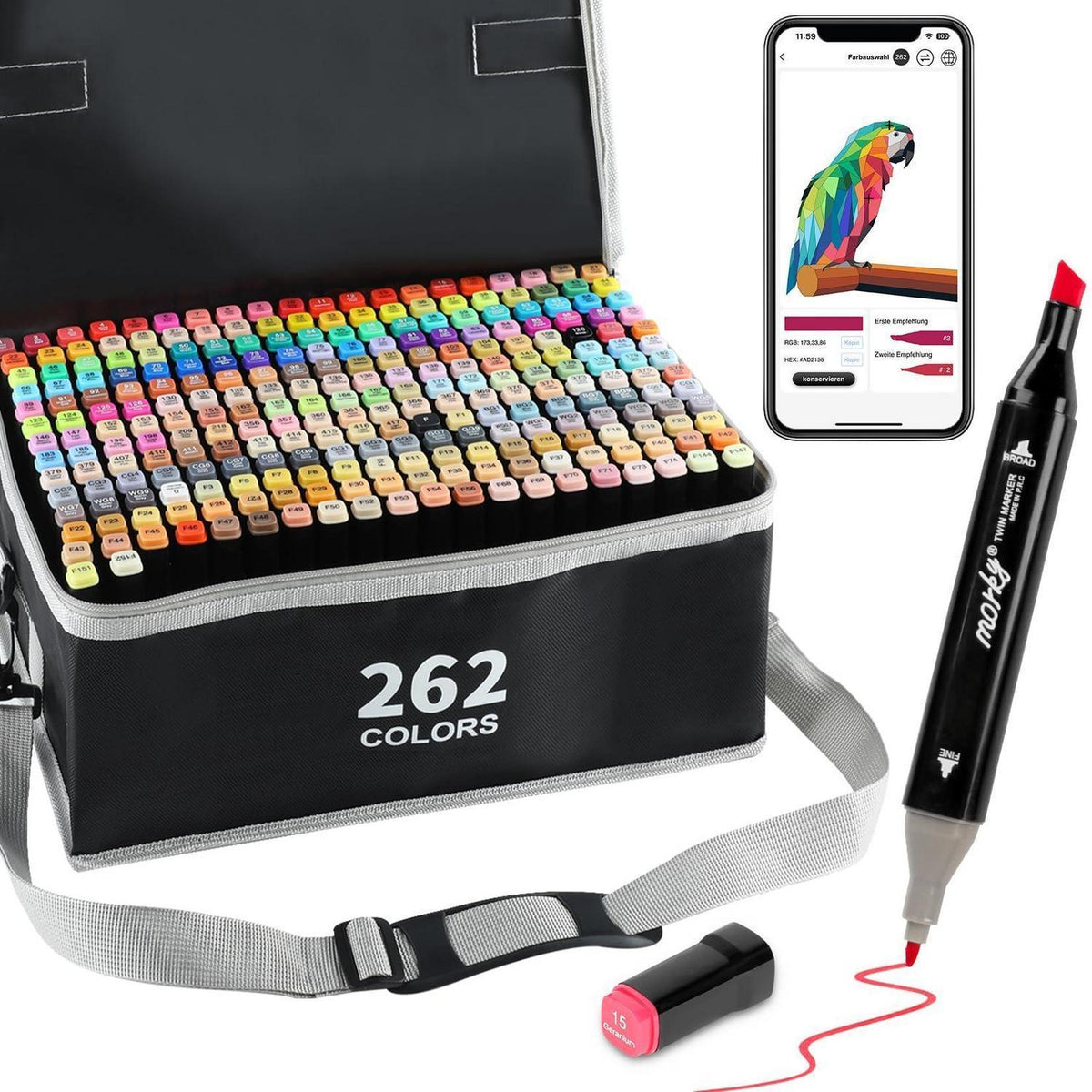 262er Alkohol Marker Set mit App | Doppelspitze & Farbkarte