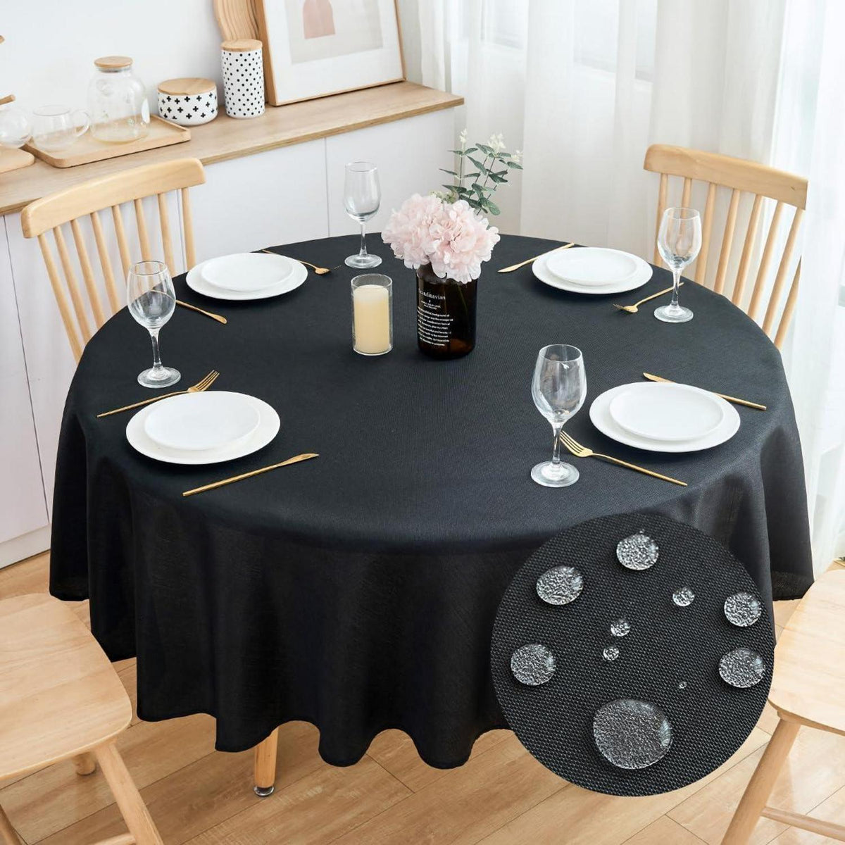 Runde Tischdecke Leinenoptik 160cm, Wasserabweisend Schwarz
