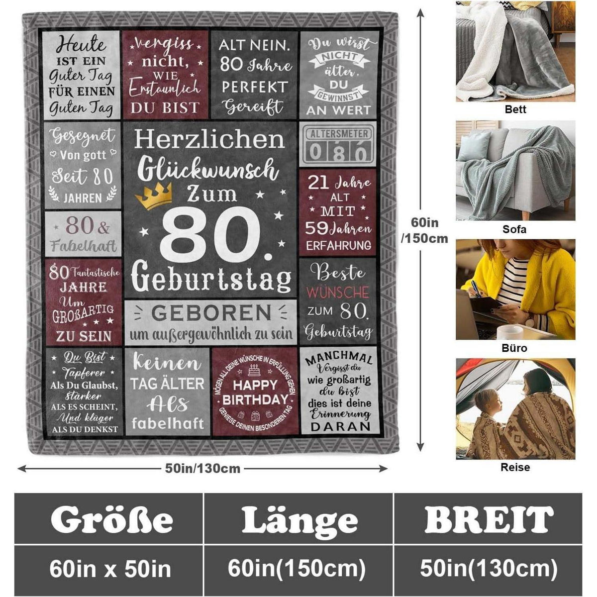 80. Geburtstag Geschenk für Mann - Kuschelige Decke 150x130cm