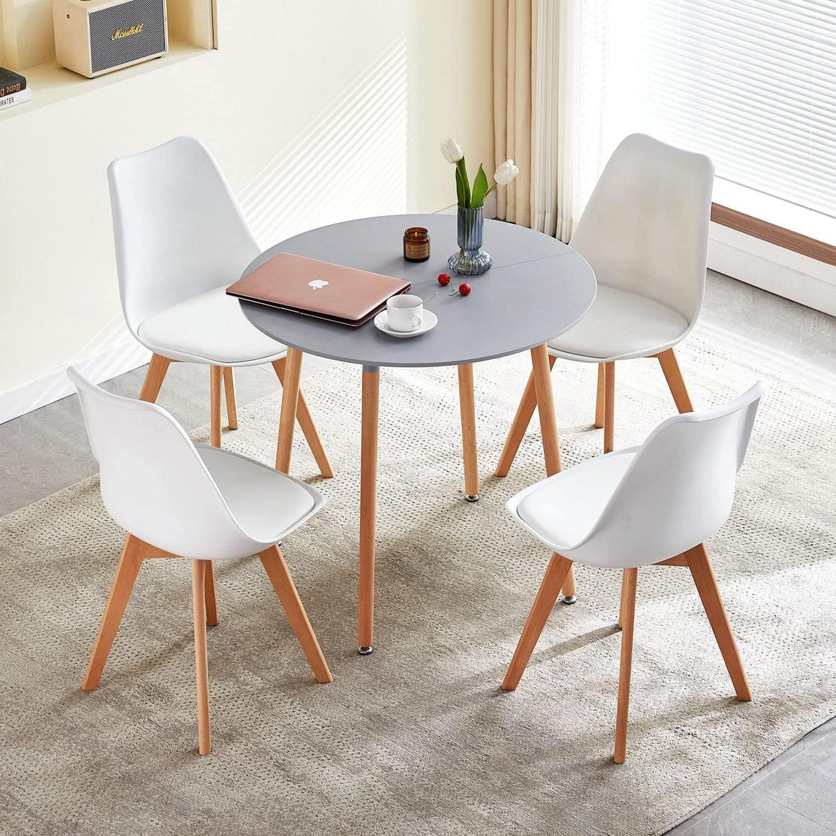 Esszimmergruppe Grau-Weiß: Runder Tisch (80cm) + 4 Stühle