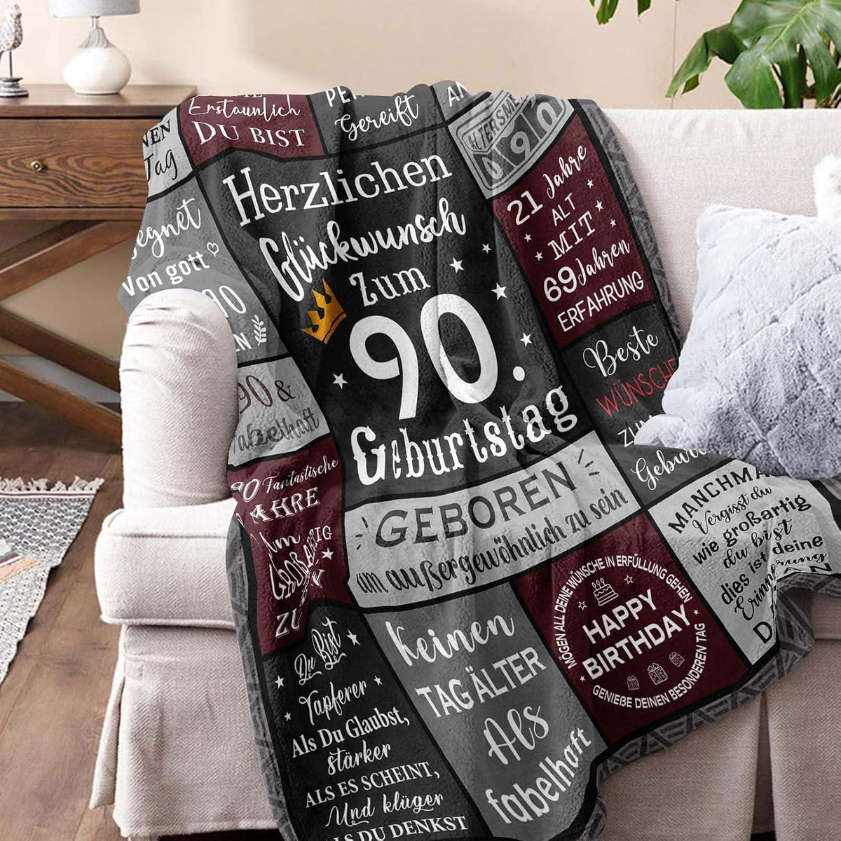 Geburtstagsdecke 90. Geburtstag Mann – Kuschelig & Personalisiert 150x130cm