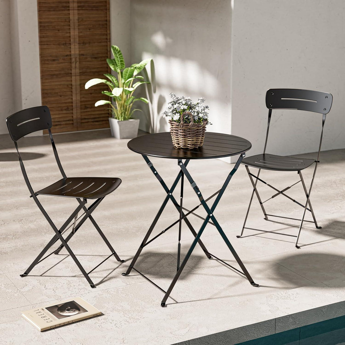Bistro Set 3-teilig, wetterfest, klappbar, schwarz