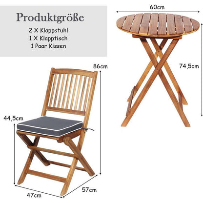 Akazienholz Gartenmöbel Set klappbar mit 2 Stühlen & Kissen Grau