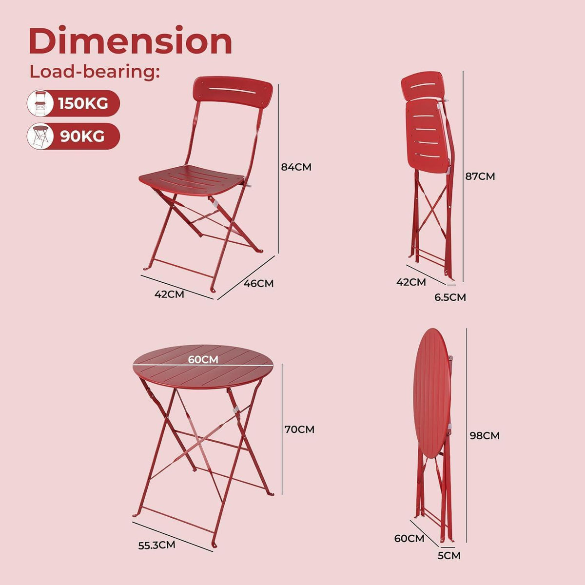 Bistro Set 3-teilig, wetterfest, klappbar, blau-rot