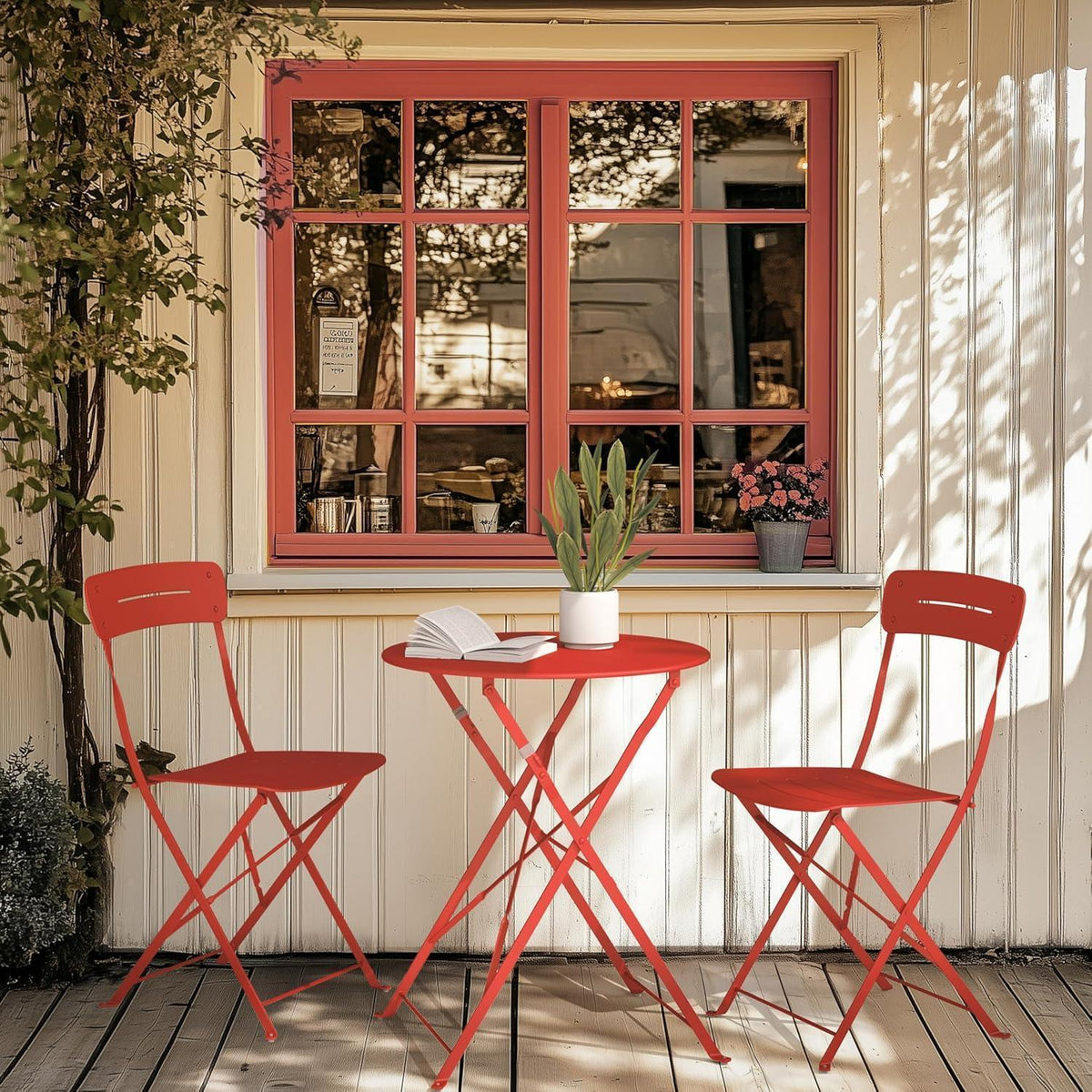 Bistro Set 3-teilig, wetterfest, klappbar, blau-rot