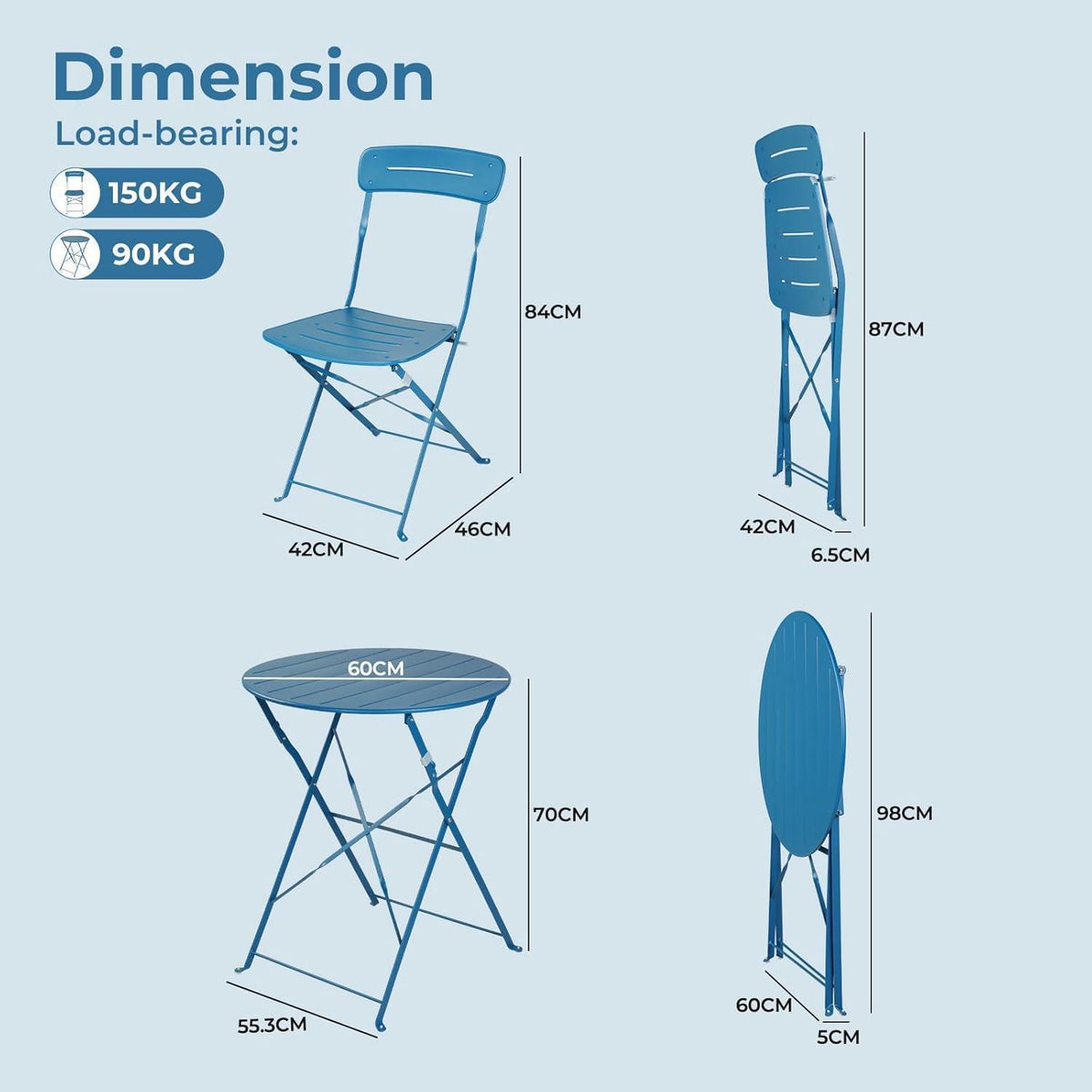 Bistro Set 3-teilig blau mit 2 Stühlen und Tisch, wetterfest