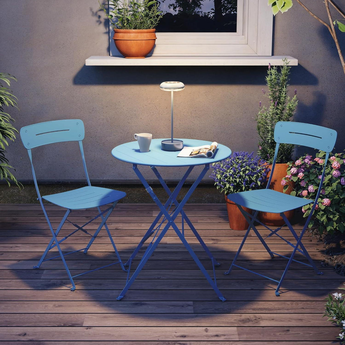 Bistro Set 3-teilig blau mit 2 Stühlen und Tisch, wetterfest