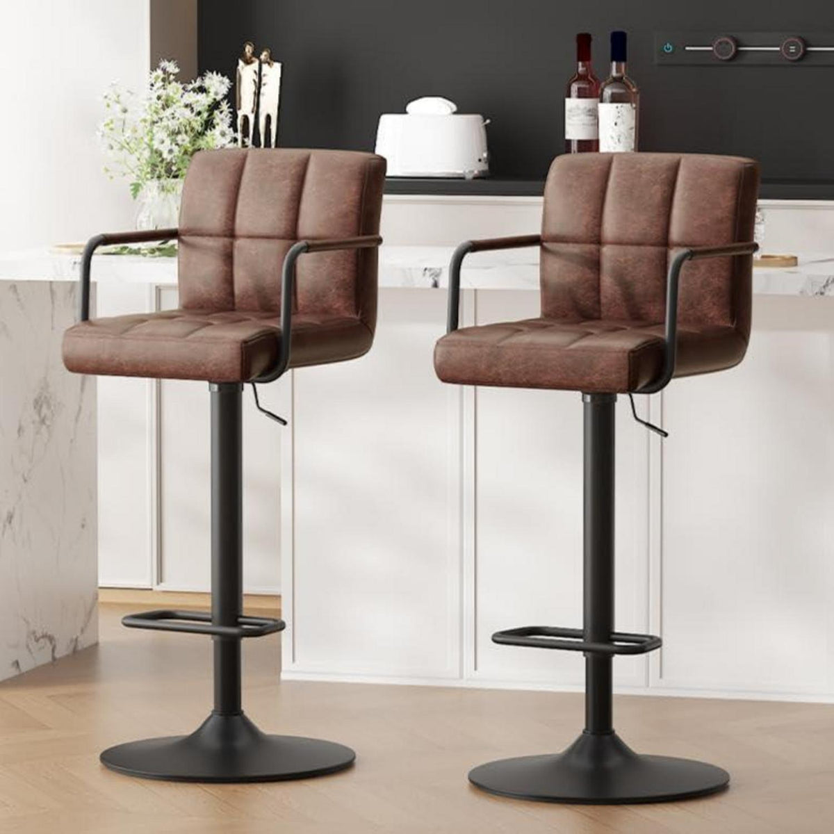 Barhocker Set 2x, Höhenverstellbar, Dunkelbraun in Lederoptik