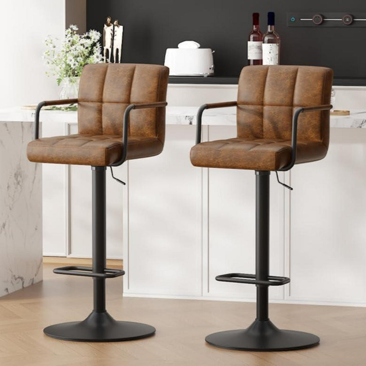 Barhocker Set 2x, Höhenverstellbar, Gelbbraun in Lederoptik
