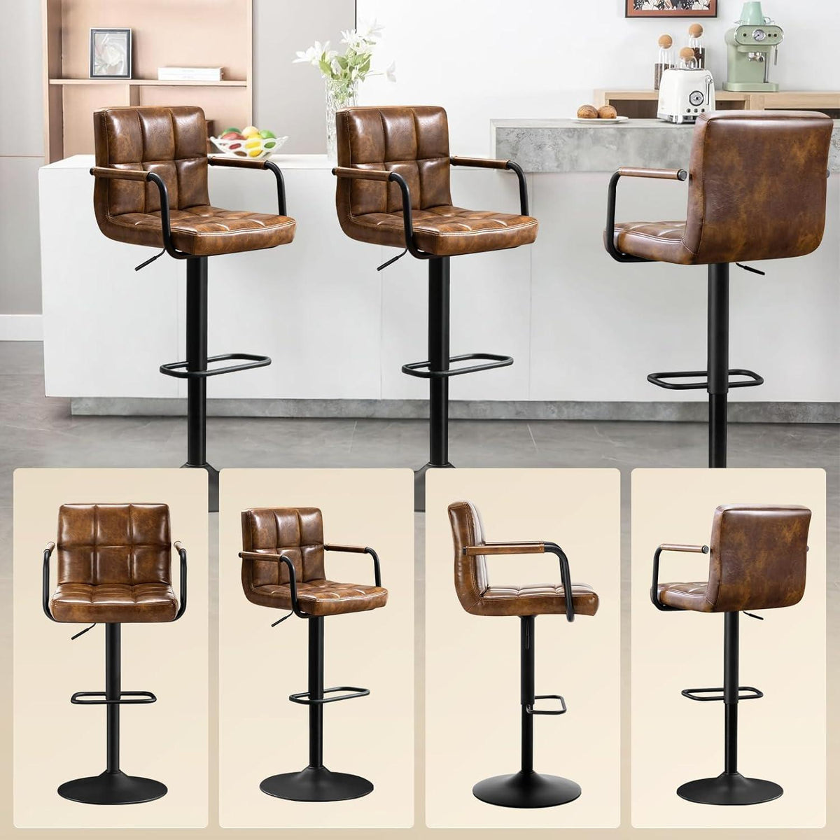 Barhocker Set 2x, Höhenverstellbar, Gelbbraun in Lederoptik