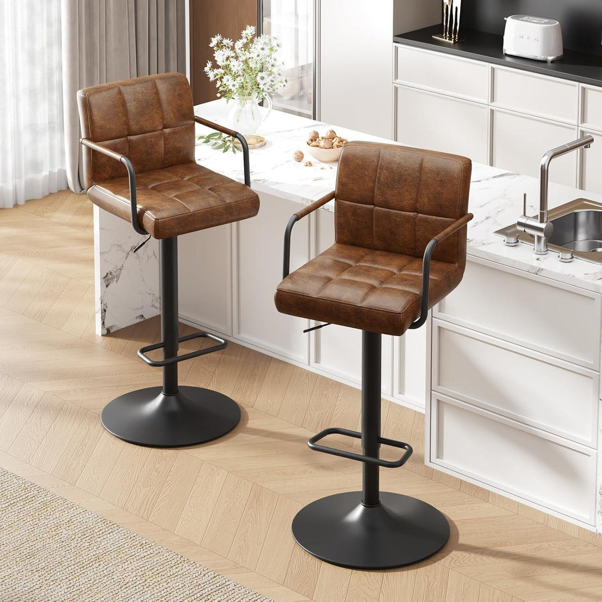 Barhocker Set 2x, Höhenverstellbar, Gelbbraun in Lederoptik