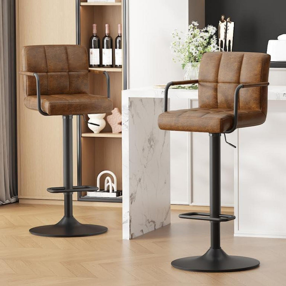 Barhocker Set 2x, Höhenverstellbar, Gelbbraun in Lederoptik