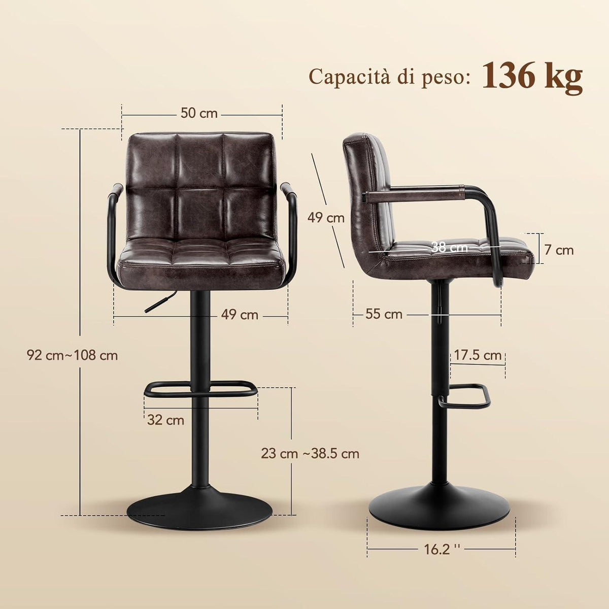 Barhocker Set 2x Höhenverstellbar Schwarzbraun in Lederoptik