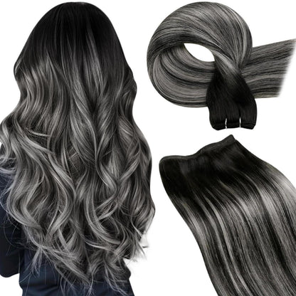 Echthaar Tressen Balayage Schwarz Silber 45cm