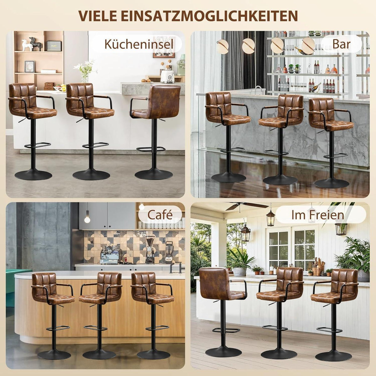 Barhocker Set 4er – Höhenverstellbar, Schwarzbraun in Lederoptik