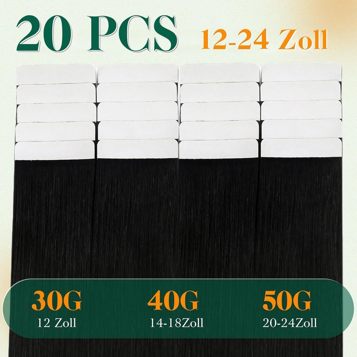 Echthaar Tape Extensions Schwarz – 55cm, 50g, #1