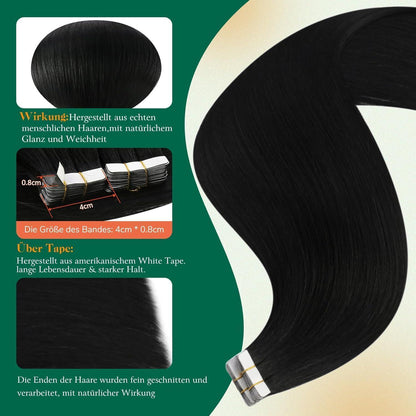 Echthaar Tape Extensions Schwarz – 55cm, 50g, #1