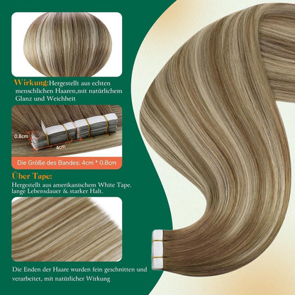 Echthaar Tape Extensions Ombre Braun Balayage Platinblond