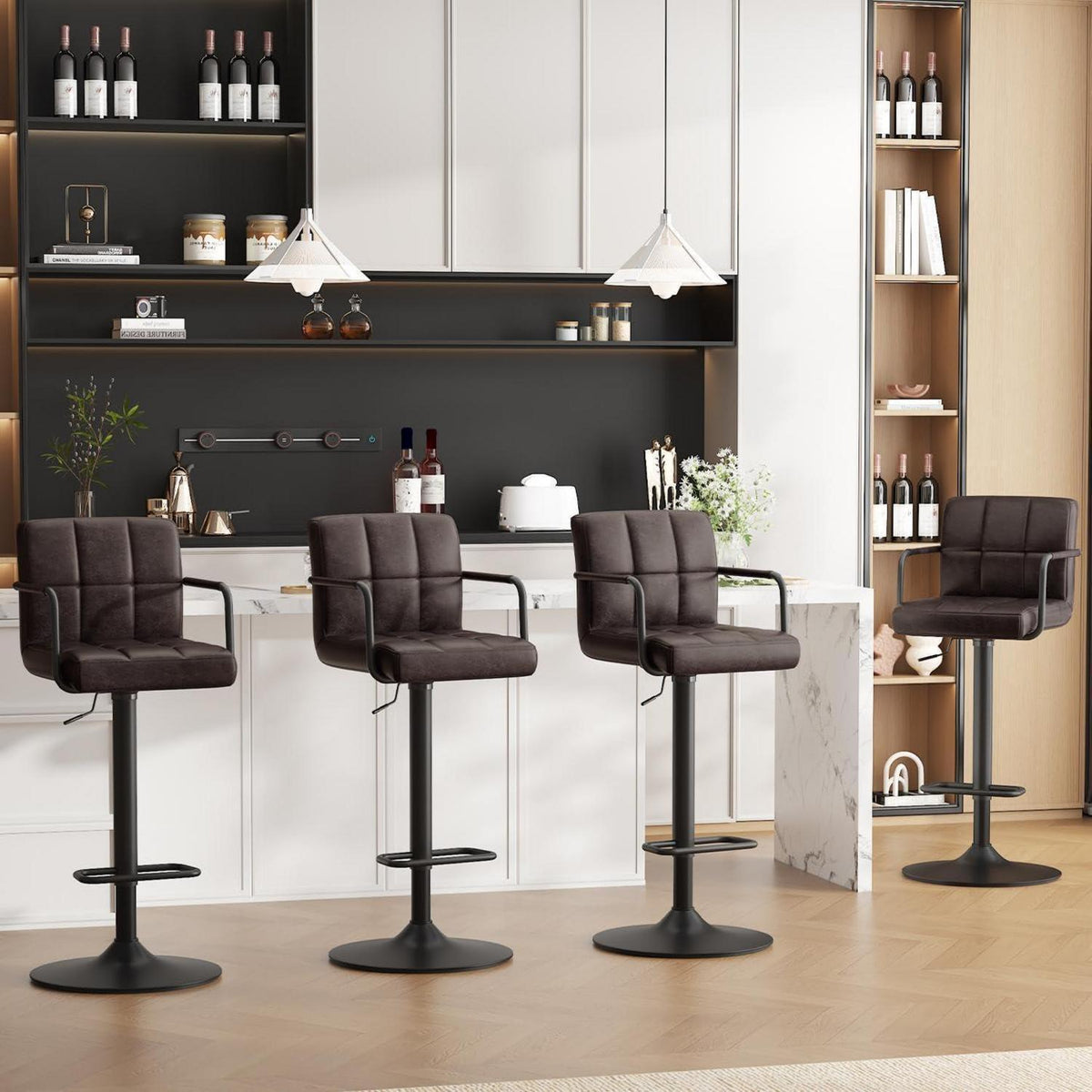 Barhocker Set 4er – Höhenverstellbar, Schwarzbraun in Lederoptik