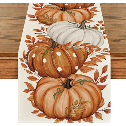 Herbst Tischläufer mit Kürbis- und Blättermuster, 40x140 cm, Beige