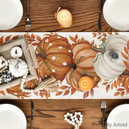 Herbst Tischläufer mit Kürbis- und Blättermuster, 40x140 cm, Beige