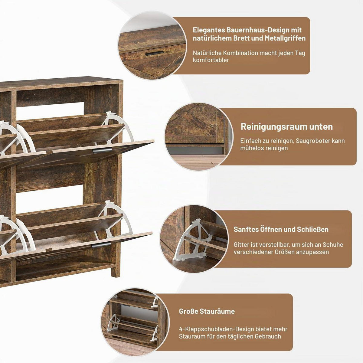 Schuhschrank schmal mit 4 Klappen – Retro Braun & FSC-Holz