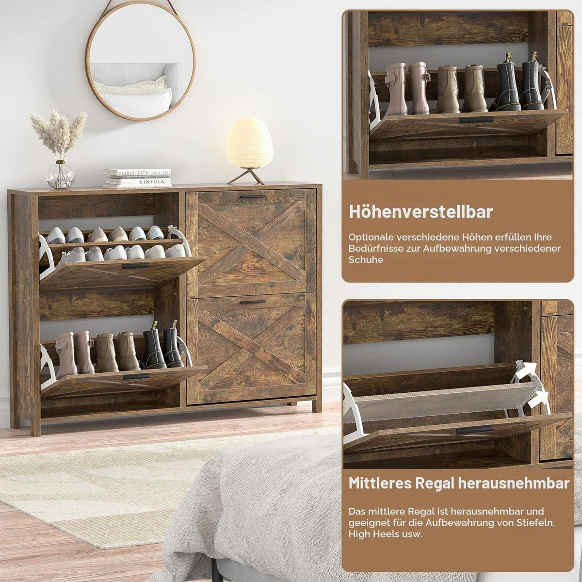 Schuhschrank schmal mit 4 Klappen – Retro Braun & FSC-Holz