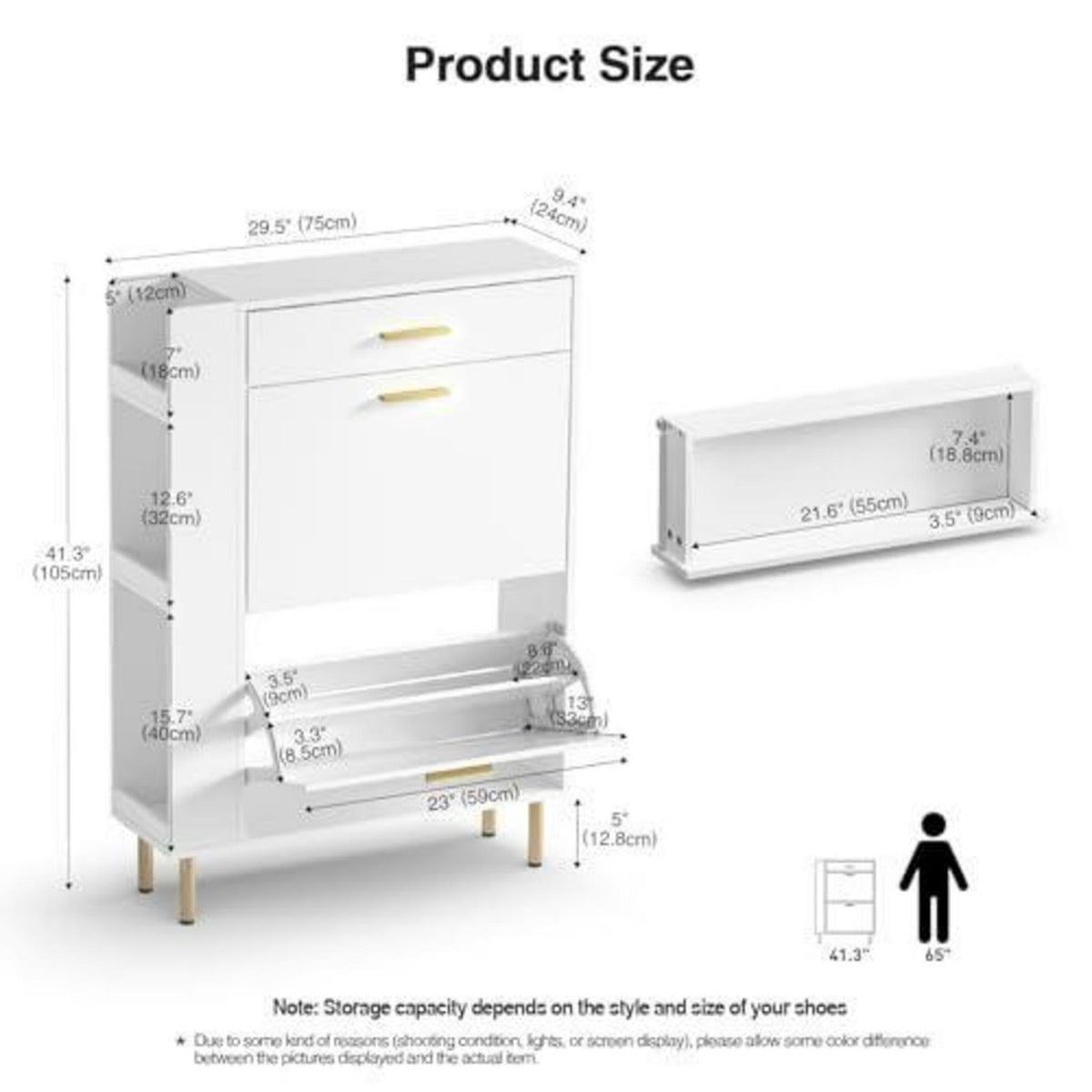 Weißer Schuhschrank mit 2 Schubladen & Fächern (75x24x105cm)
