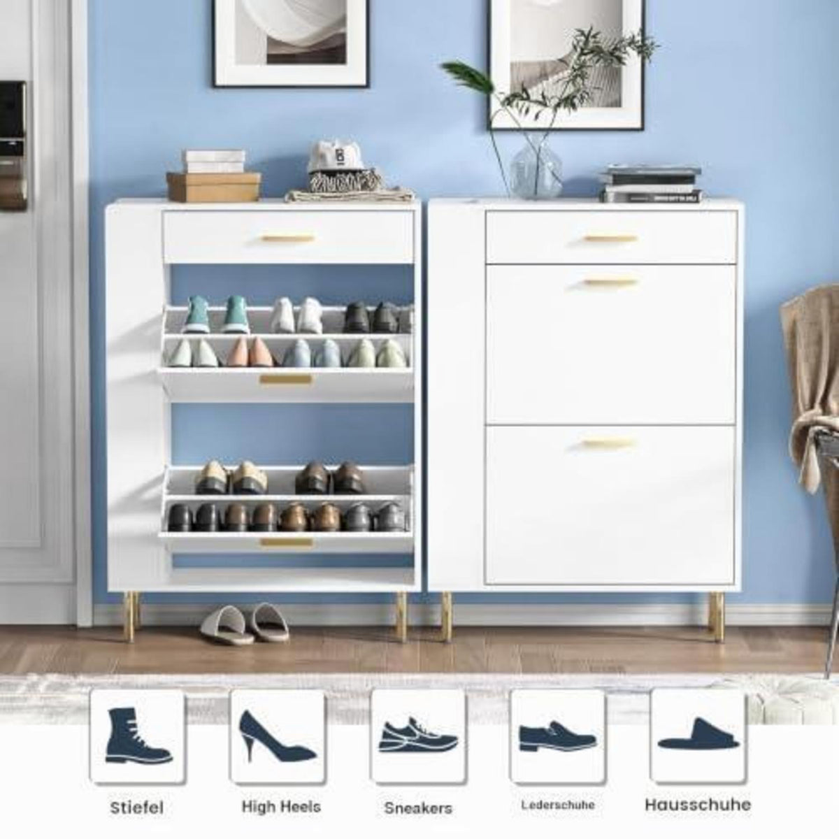 Weißer Schuhschrank mit 2 Schubladen & Fächern (75x24x105cm)