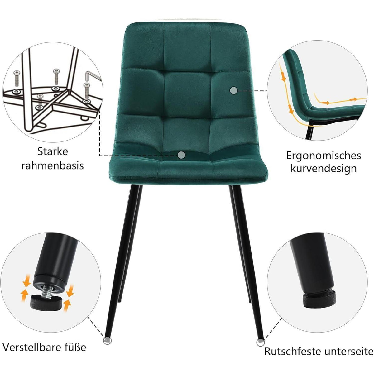 Esstisch Set 117cm mit 4 Samtstühlen Dunkelgrün
