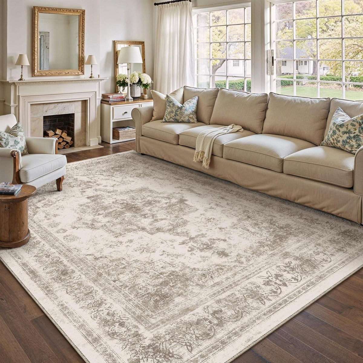 Vintage Teppich Beige 300x400cm Waschbar – Wohnzimmerteppich