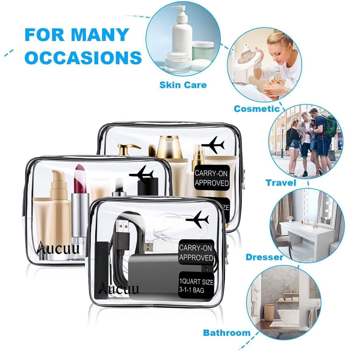 Transparente Kulturtasche 3er Set, wasserdicht, TSA-zugelassen
