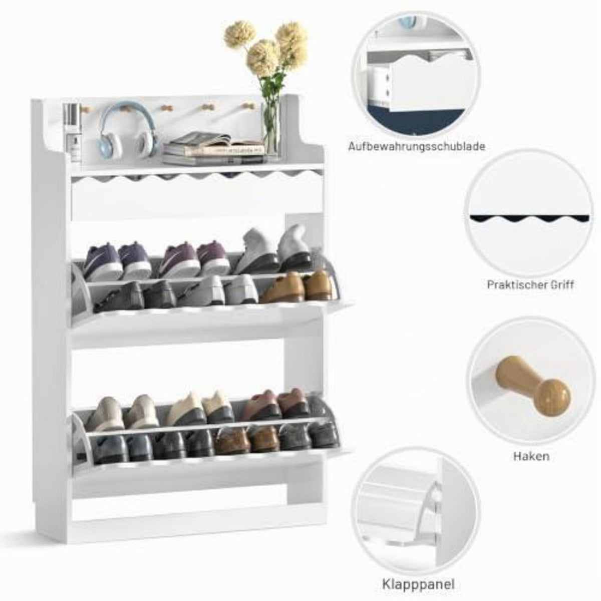 Schuhschrank Schmal mit Schublade & Haken – Weiß/Eiche