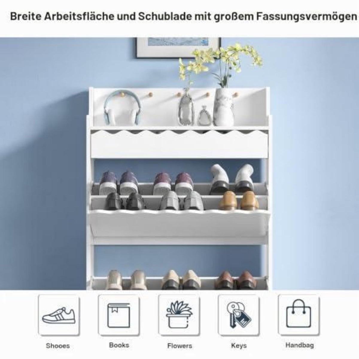Schuhschrank Schmal mit Schublade & Haken – Weiß/Eiche