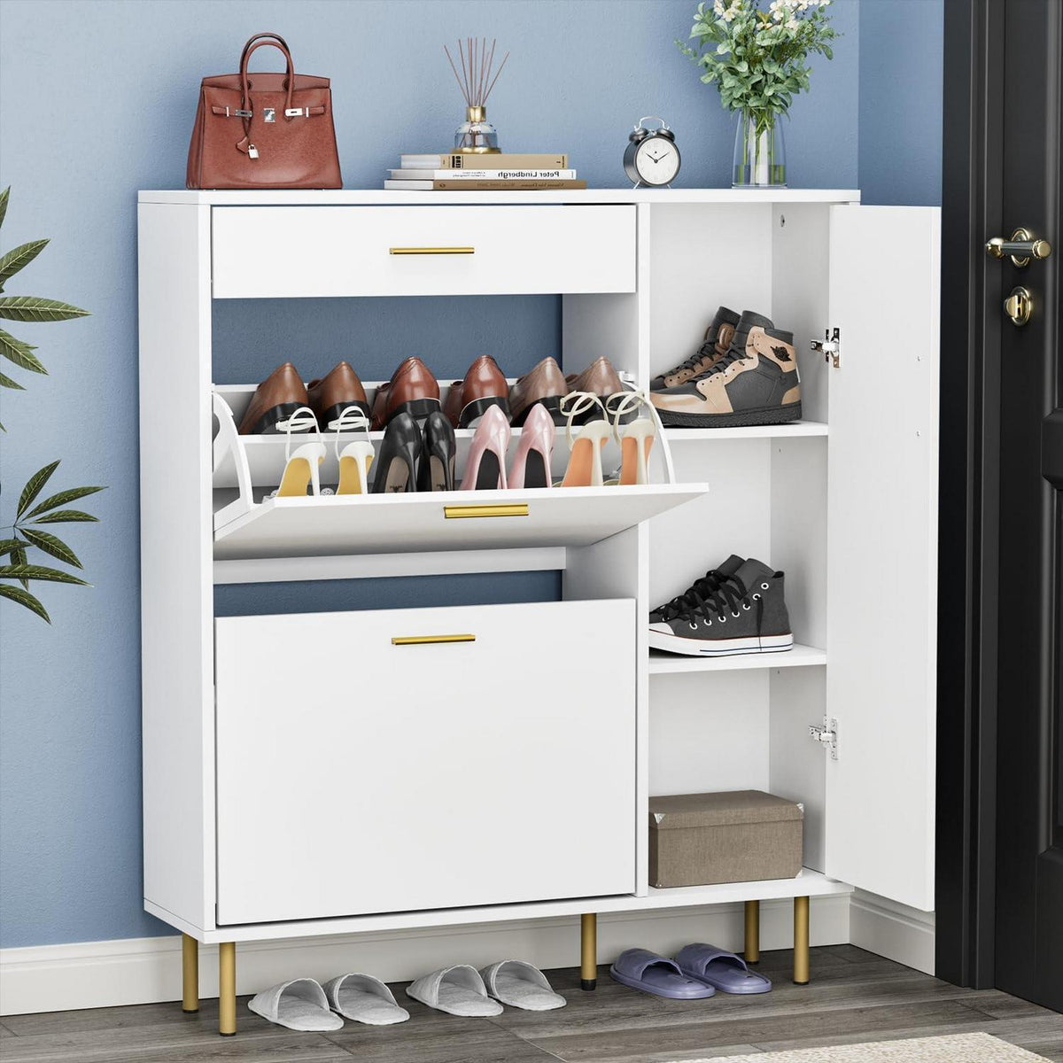 Weißer Schuhschrank mit Klappen & Schublade – Schuhregal für 14-18 Paar