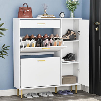 Weißer Schuhschrank mit Klappen & Schublade – Schuhregal für 14-18 Paar