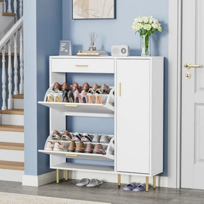 Weißer Schuhschrank mit Klappen & Schublade – Schuhregal für 14-18 Paar