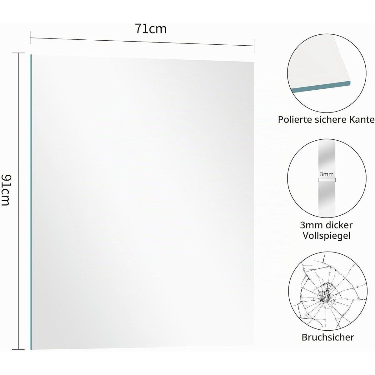 Rahmenloser Wandspiegel 90x70 cm – Rechteckiger Badspiegel