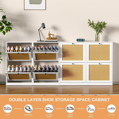 Weißer Schuhschrank mit 4 Klappen & Rattan – Platzsparend & Verstellbar
