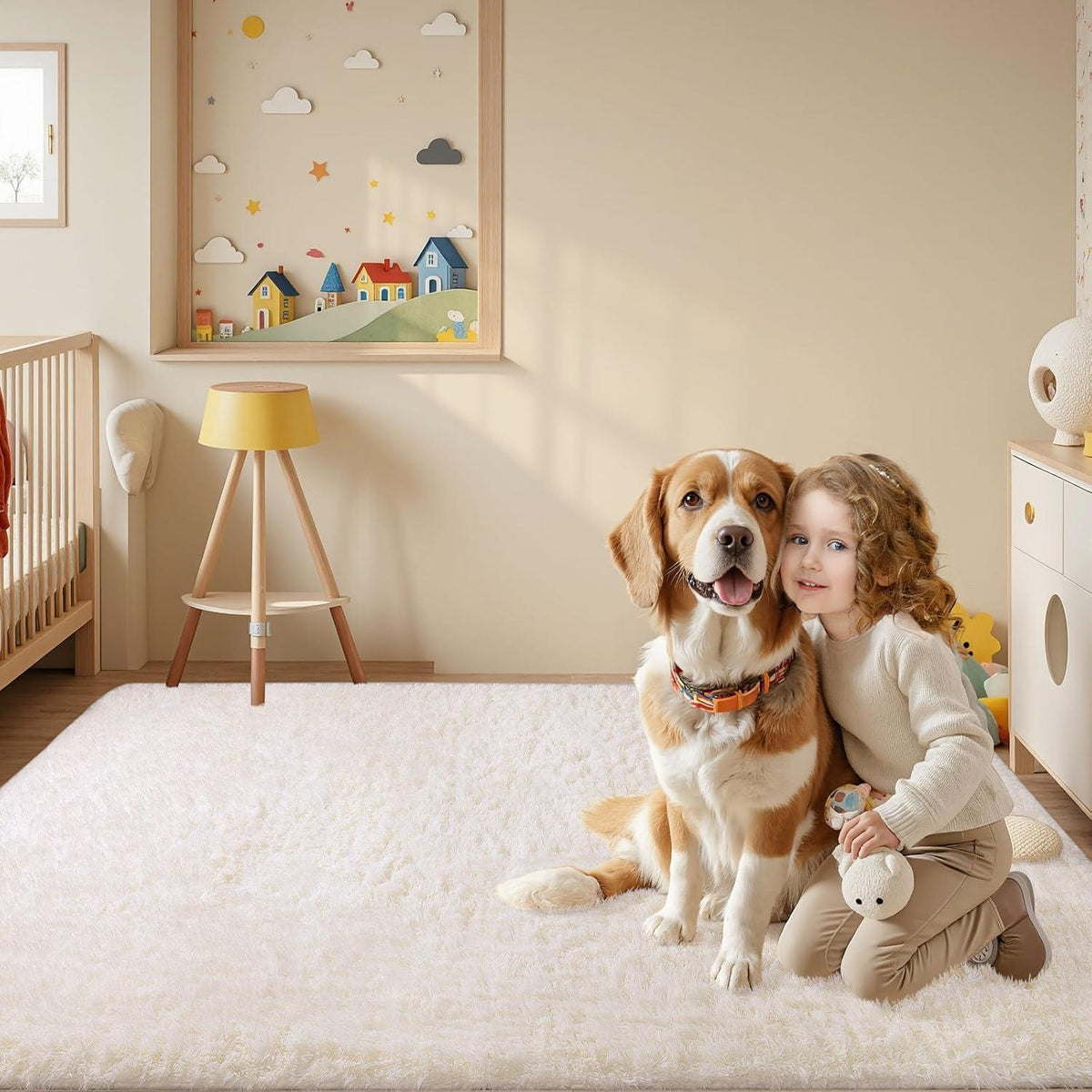 Grauer Hochflor Teppich 140x200 – Waschbar & Rutschfest für Wohnzimmer