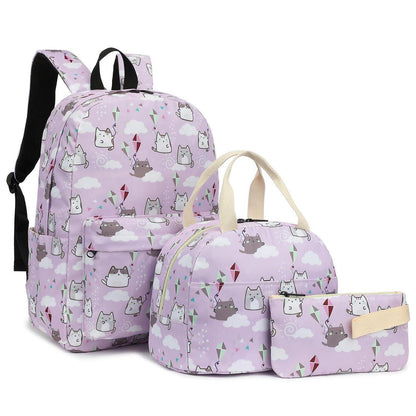 Schulrucksack Set Mädchen Katze Lila – Rucksack, Lunch Tasche & Federmäppchen