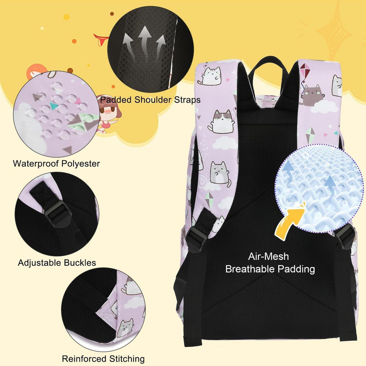 Schulrucksack Set Mädchen Katze Lila – Rucksack, Lunch Tasche & Federmäppchen