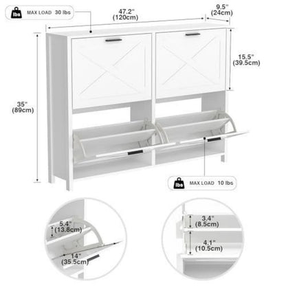 Weißer Schuhschrank mit 2 Klappen & Schublade – 120x24x89cm