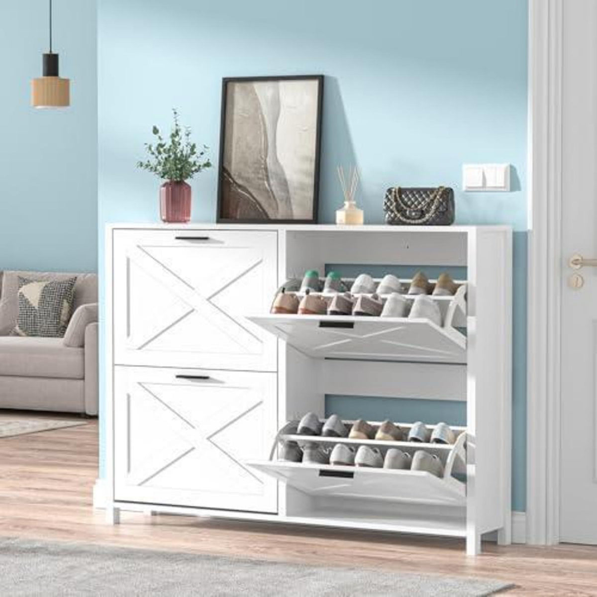 Weißer Schuhschrank mit 2 Klappen & Schublade – 120x24x89cm