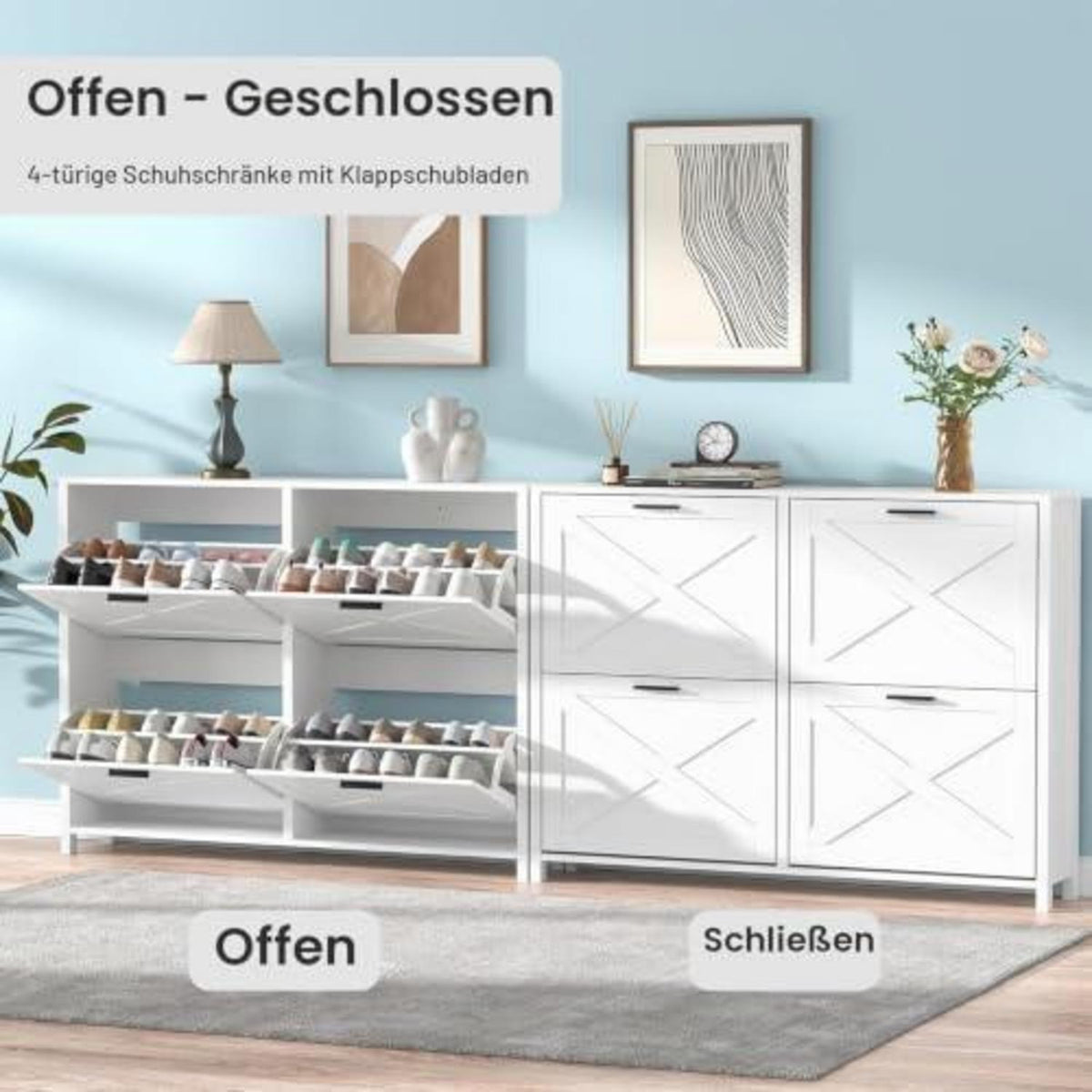 Weißer Schuhschrank mit 2 Klappen & Schublade – 120x24x89cm