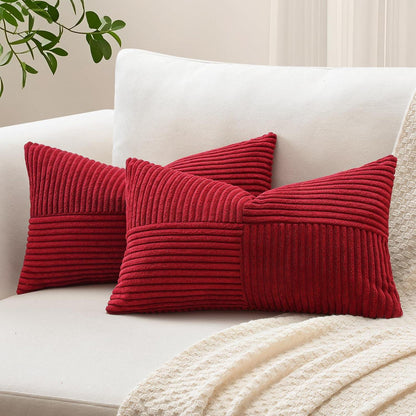 Cord Kissenbezug 2er Set, Dunkelrot, 30x50 cm – Kreuz Streifen Muster